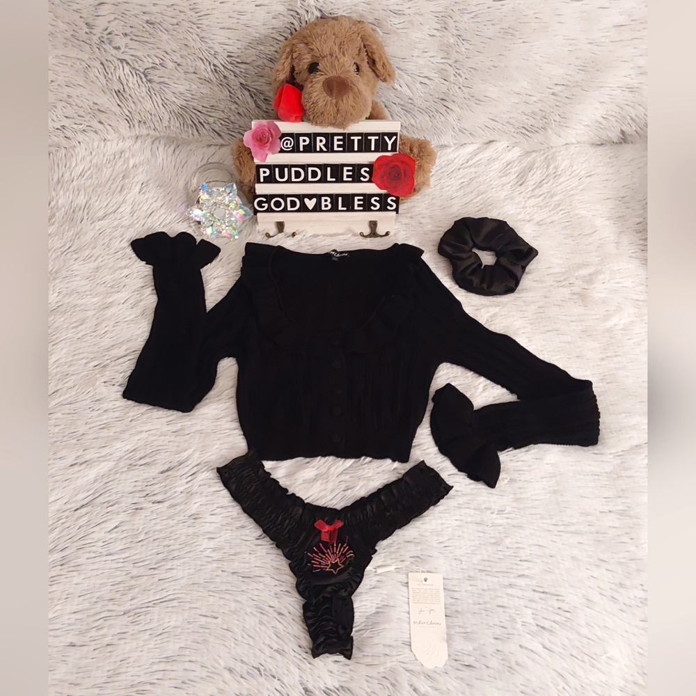 🌠 3pc For Love and Lemons Camille Cardigan, Ruffle Thong & Scrunchie Set 🌠 - Picture 4 of 16